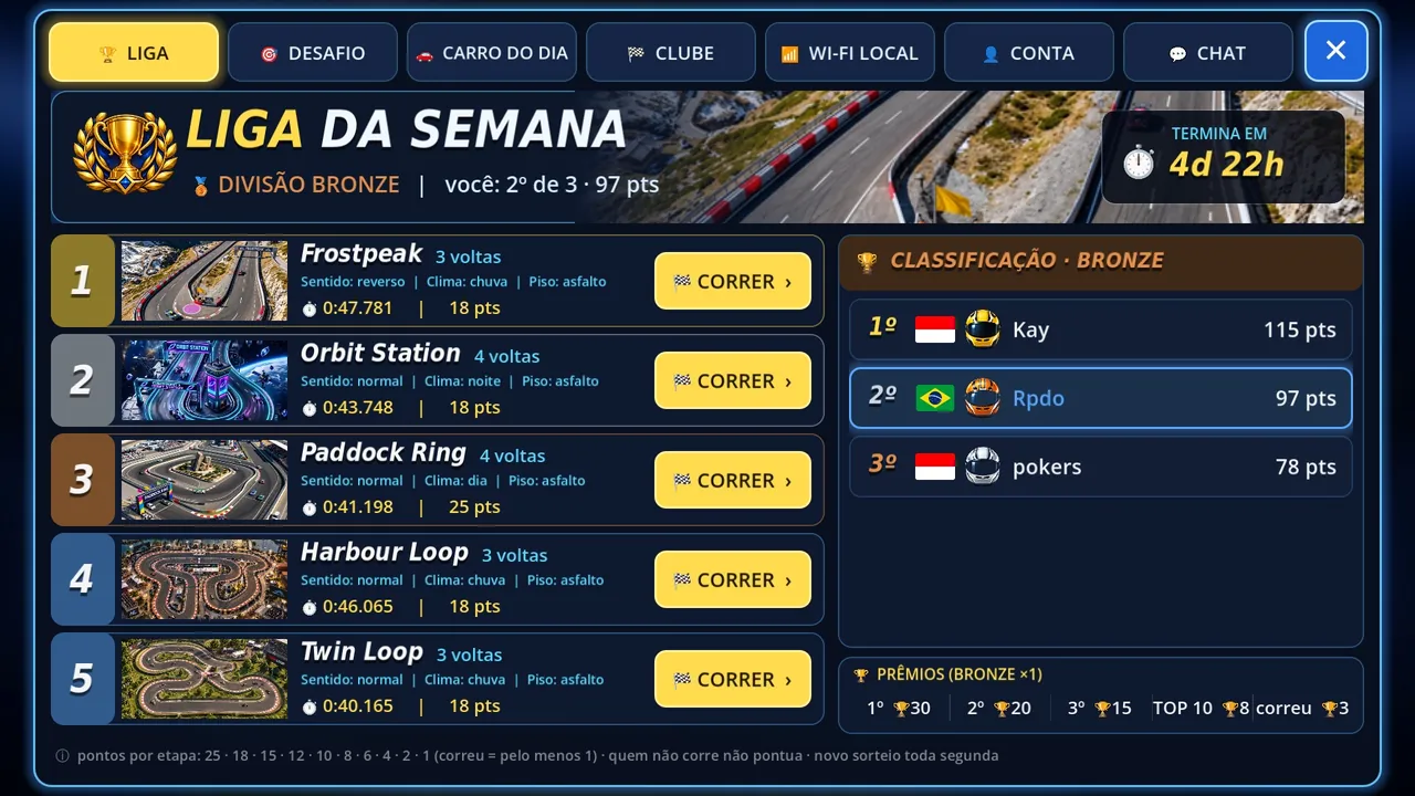 Tela da Liga da semana no jogo